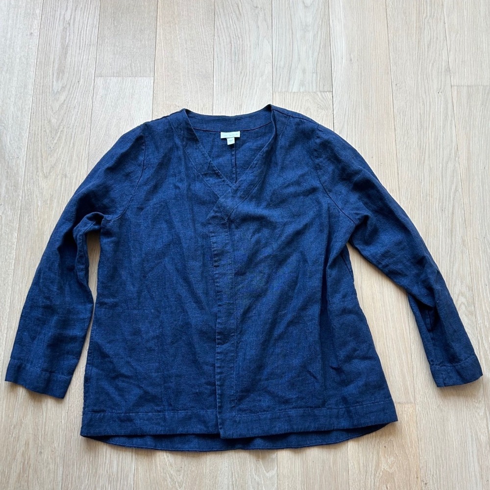 Pure Jill 100% Linen Kimono Open Cardigan Womens Large Blue L Pockets Boho Yoga - Picture 2 of 9